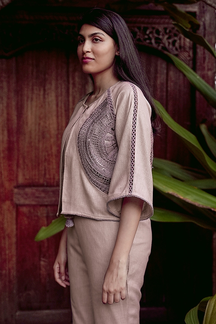 Mauve Linen Blend Machine Embroidered Short Jacket by Kaveri at Pernia's Pop Up Shop
