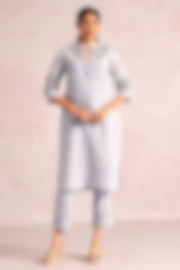 Smoke Grey Linen Blend Embroidered Kurta Set by Kaveri at Pernia's Pop Up Shop