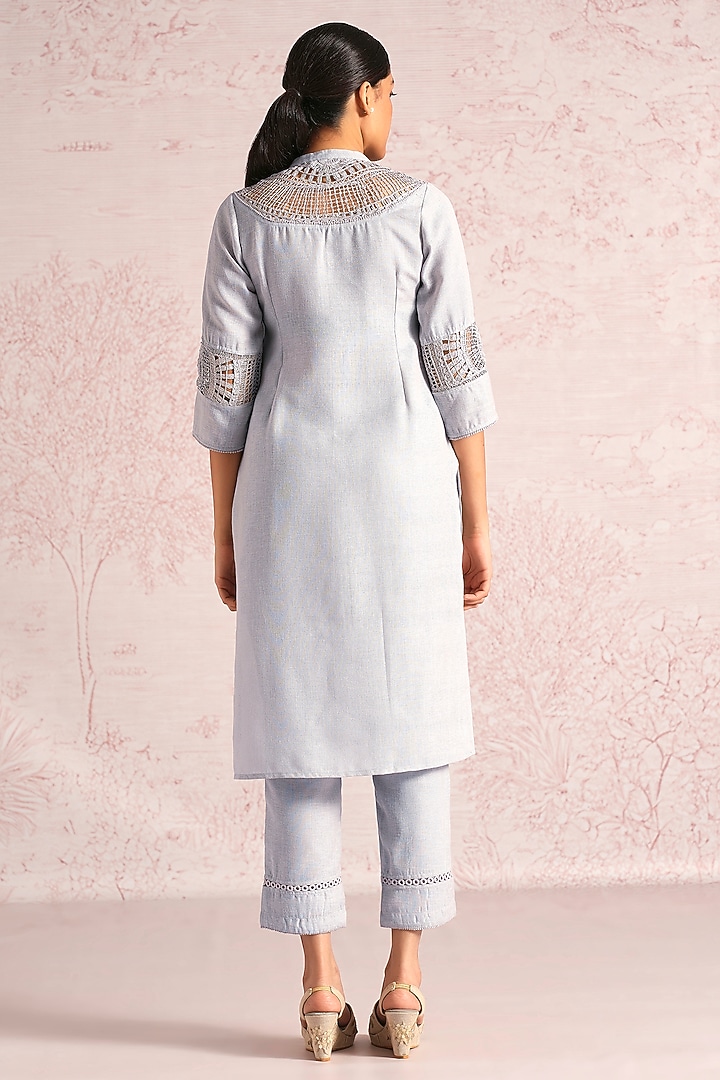 Smoke Grey Linen Blend Embroidered Kurta Set by Kaveri at Pernia's Pop Up Shop