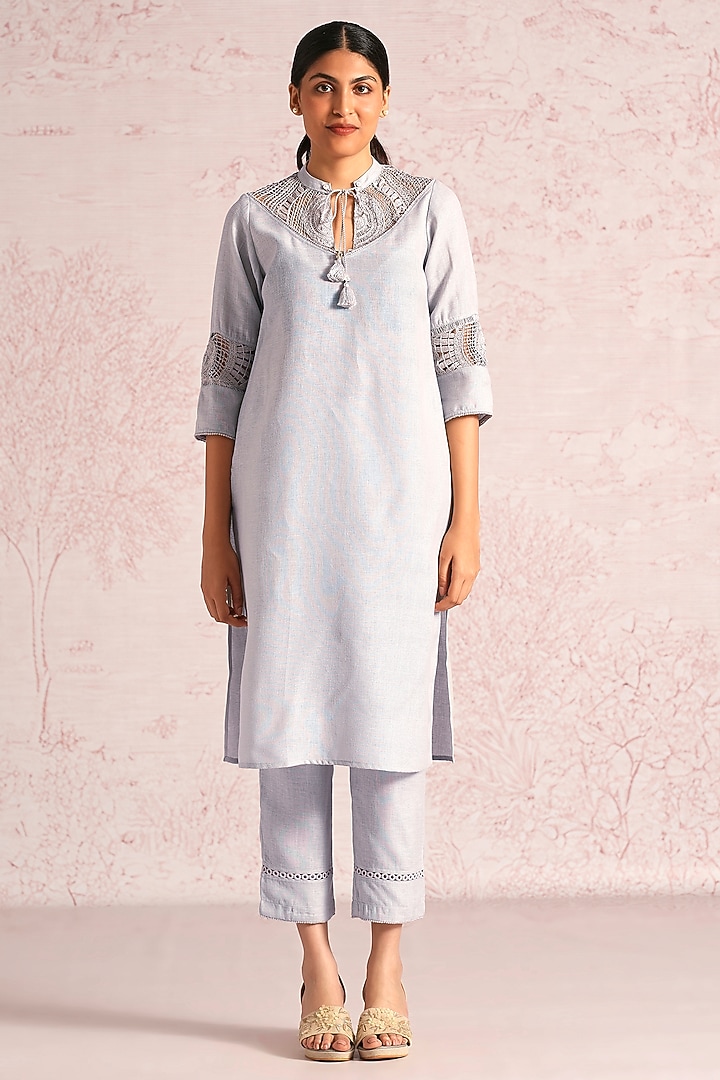 Smoke Grey Linen Blend Embroidered Kurta Set by Kaveri at Pernia's Pop Up Shop