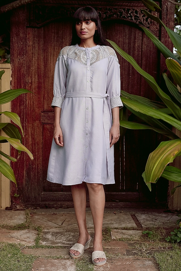 Smoke Grey Linen Blend Embroidered Vacation Dress by Kaveri at Pernia's Pop Up Shop