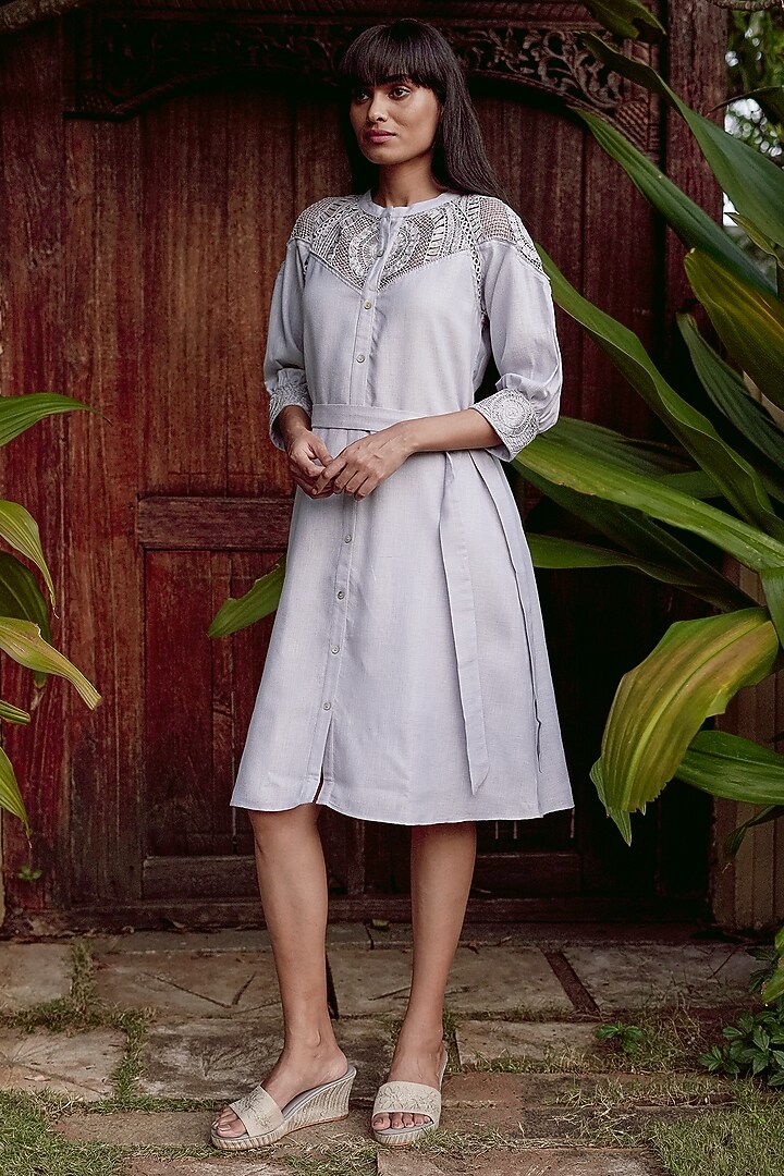 Smoke Grey Linen Blend Embroidered Vacation Dress by Kaveri at Pernia's Pop Up Shop