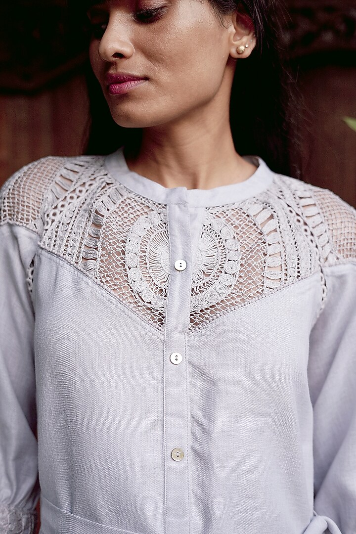 Smoke Grey Linen Blend Embroidered Vacation Dress by Kaveri at Pernia's Pop Up Shop