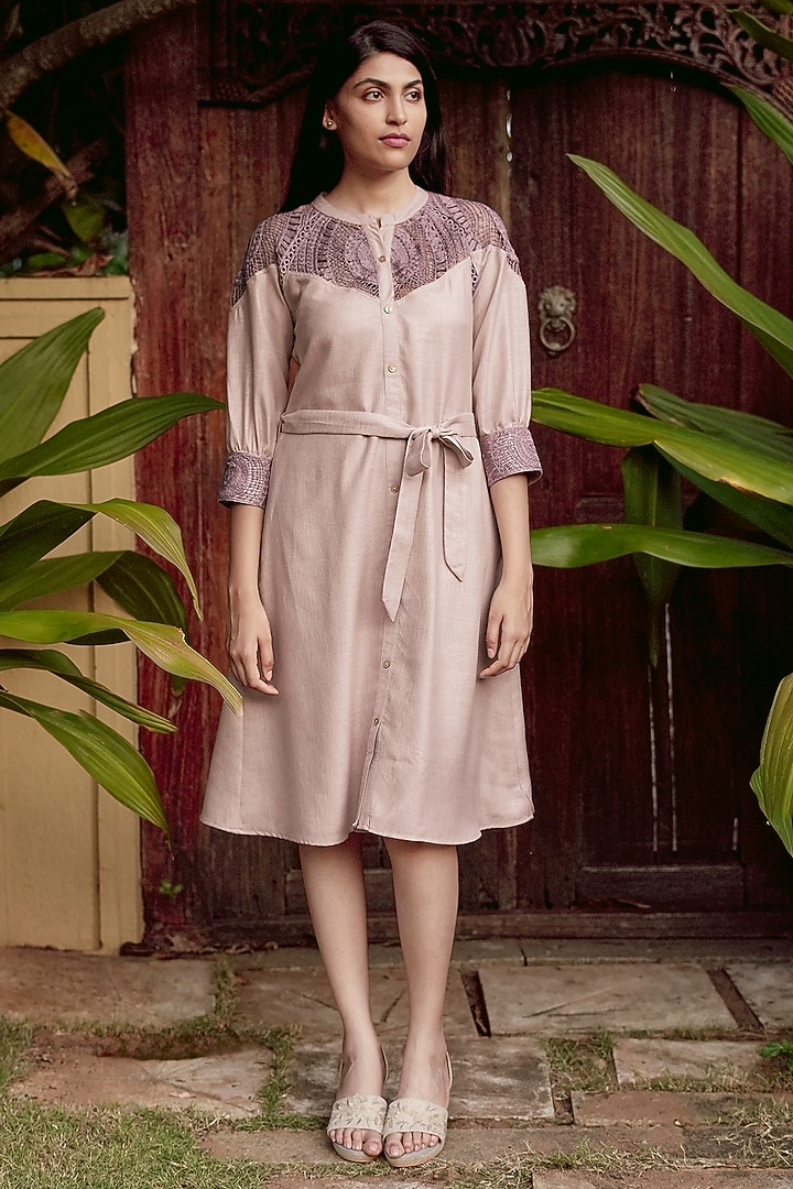 Mauve Linen Blend Embroidered Vacation Dress by Kaveri at Pernia's Pop Up Shop