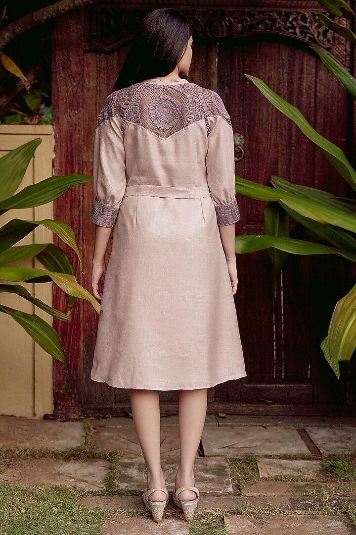 Mauve Linen Blend Embroidered Vacation Dress by Kaveri at Pernia's Pop Up Shop