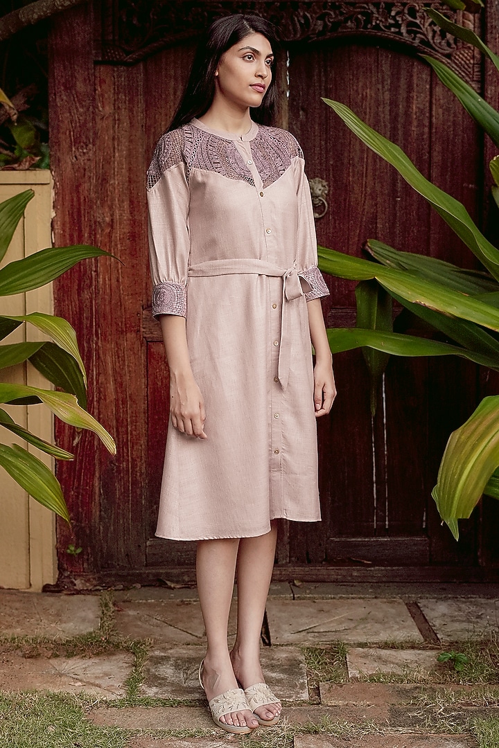 Mauve Linen Blend Embroidered Vacation Dress by Kaveri at Pernia's Pop Up Shop