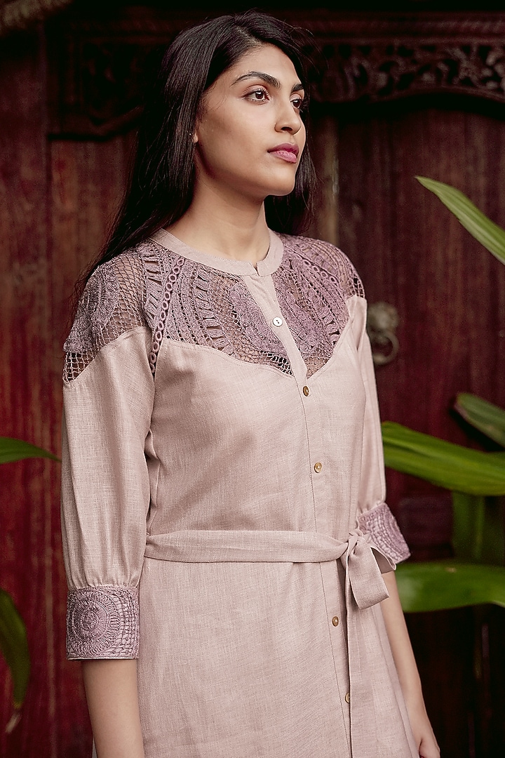 Mauve Linen Blend Embroidered Vacation Dress by Kaveri at Pernia's Pop Up Shop