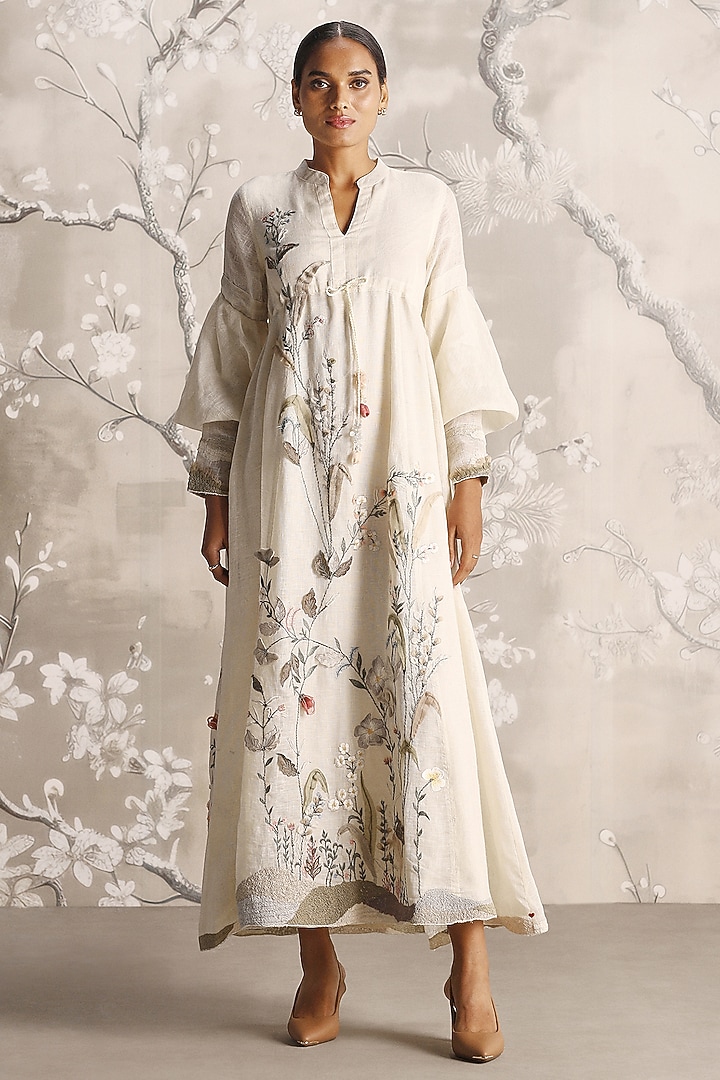 Off-White Linen Blend & Silk Organza Embroidered Cocktail Dress by Kaveri at Pernia's Pop Up Shop