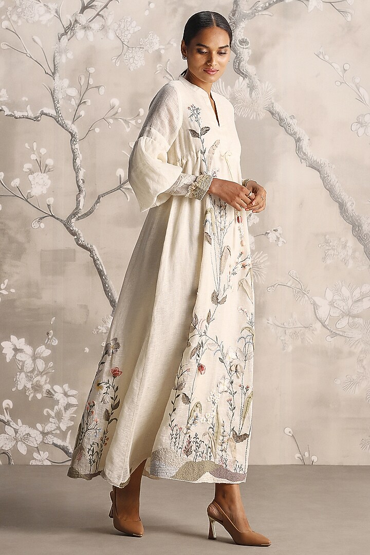 Off-White Linen Blend & Silk Organza Embroidered Cocktail Dress by Kaveri at Pernia's Pop Up Shop