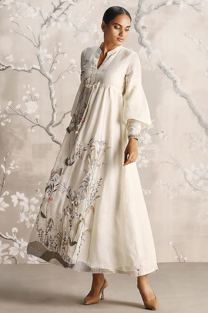 Off-White Linen Blend & Silk Organza Embroidered Cocktail Dress by Kaveri at Pernia's Pop Up Shop