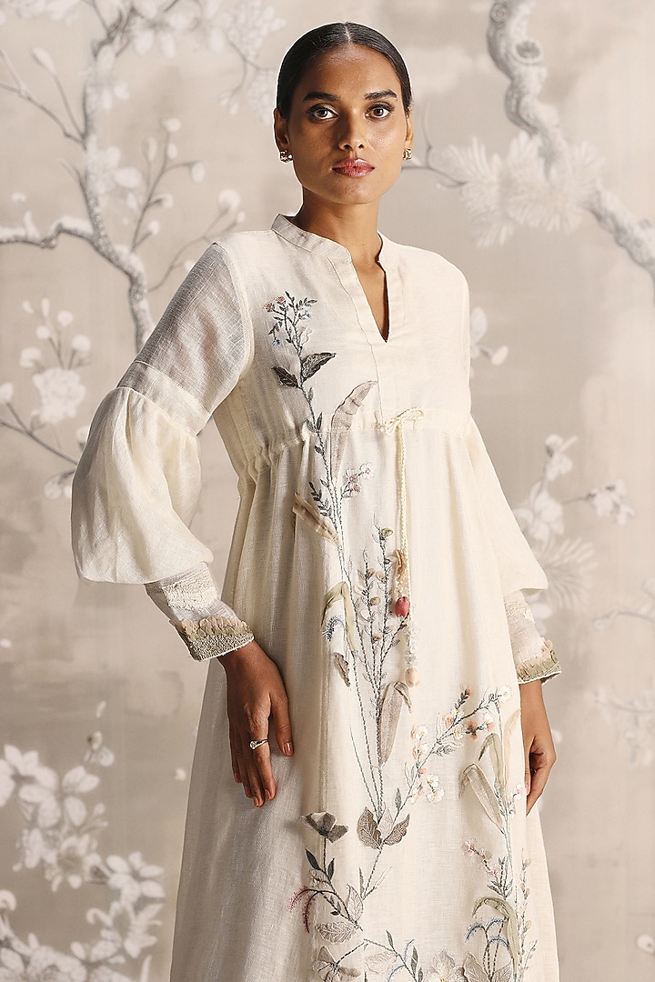Off-White Linen Blend & Silk Organza Embroidered Cocktail Dress by Kaveri at Pernia's Pop Up Shop