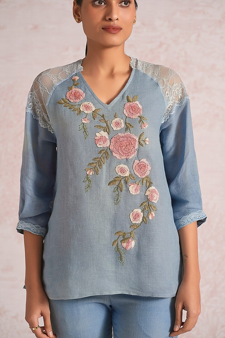 Ink Blue Linen Blend Top by Kaveri at Pernia's Pop Up Shop