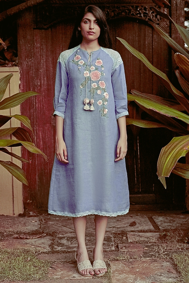 Ink Blue Linen Blend Midi Vacation Dress by Kaveri at Pernia's Pop Up Shop