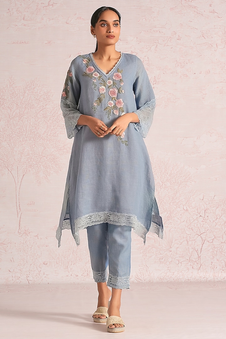 Ink Blue Linen Blend Tunic Set by Kaveri at Pernia's Pop Up Shop