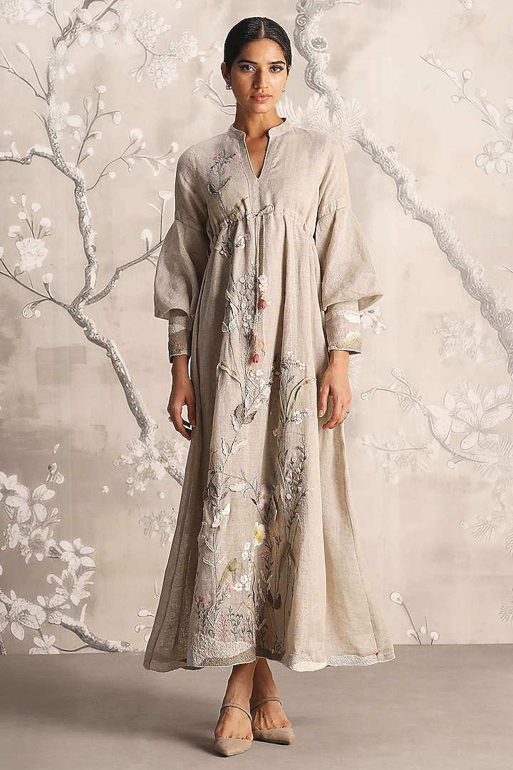 Natural-Colored Linen Blend & Silk Organza Embroidered Cocktail Dress by Kaveri at Pernia's Pop Up Shop