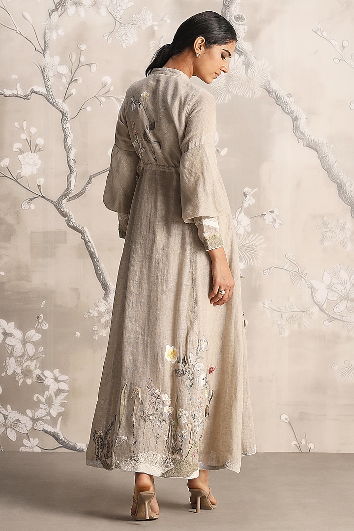 Natural-Colored Linen Blend & Silk Organza Embroidered Cocktail Dress by Kaveri at Pernia's Pop Up Shop
