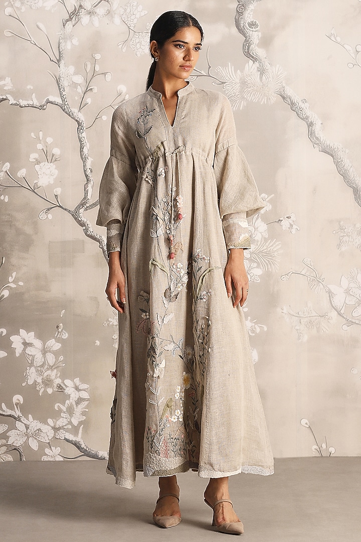 Natural-Colored Linen Blend & Silk Organza Embroidered Cocktail Dress by Kaveri at Pernia's Pop Up Shop