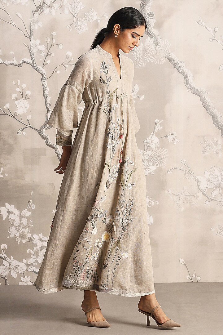 Natural-Colored Linen Blend & Silk Organza Embroidered Cocktail Dress by Kaveri at Pernia's Pop Up Shop