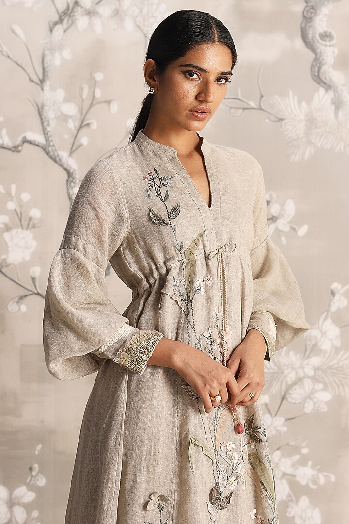 Natural-Colored Linen Blend & Silk Organza Embroidered Cocktail Dress by Kaveri at Pernia's Pop Up Shop
