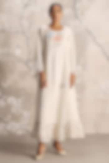 Off-White Linen Blend Hand Embroidered & Screen Printed Vacation Dress by Kaveri at Pernia's Pop Up Shop