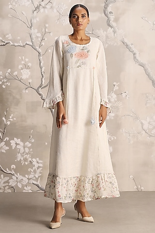 Off-White Linen Blend Hand Embroidered & Screen Printed Dress by Kaveri