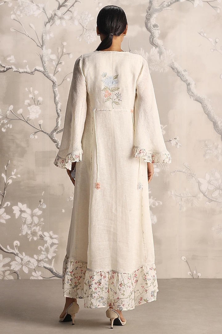 Off-White Linen Blend Hand Embroidered & Screen Printed Vacation Dress by Kaveri at Pernia's Pop Up Shop