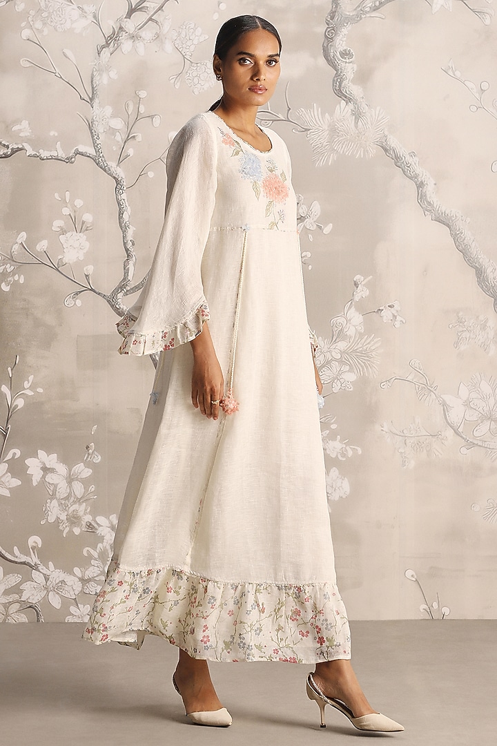 Off-White Linen Blend Hand Embroidered & Screen Printed Vacation Dress by Kaveri at Pernia's Pop Up Shop