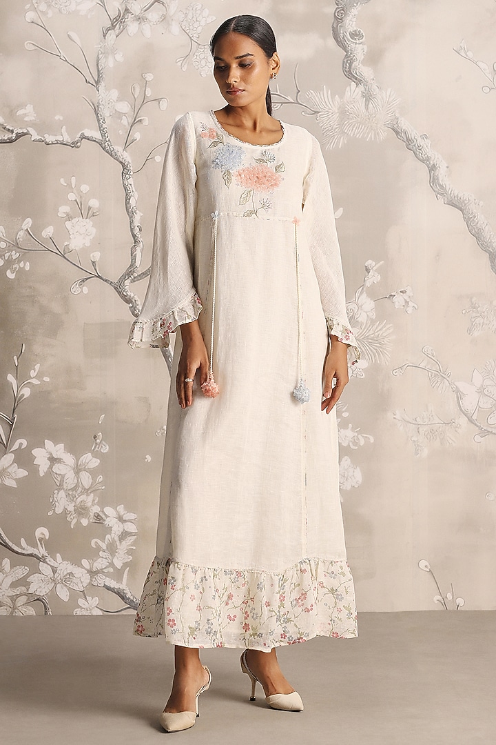 Off-White Linen Blend Hand Embroidered & Screen Printed Vacation Dress by Kaveri at Pernia's Pop Up Shop