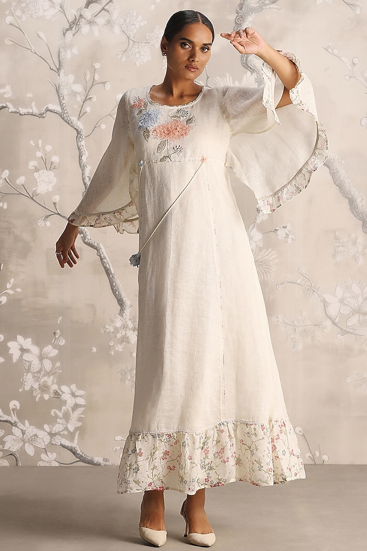 Off-White Linen Blend Hand Embroidered & Screen Printed Vacation Dress by Kaveri at Pernia's Pop Up Shop