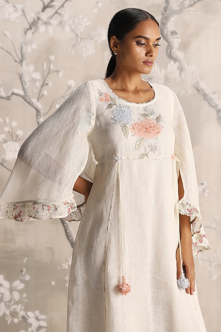Off-White Linen Blend Hand Embroidered & Screen Printed Vacation Dress by Kaveri at Pernia's Pop Up Shop