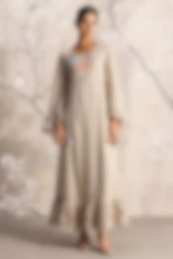 Natural-Colored Linen Blend Hand Embroidered & Screen Printed Vacation Dress by Kaveri at Pernia's Pop Up Shop