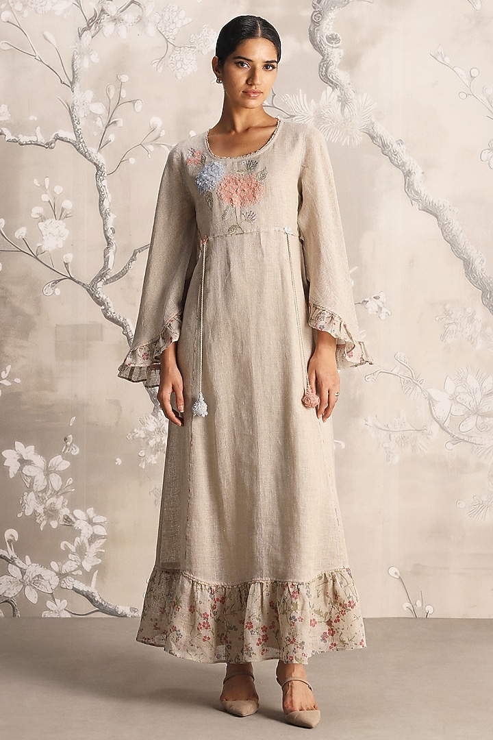 Natural-Colored Linen Blend Hand Embroidered & Screen Printed Vacation Dress by Kaveri at Pernia's Pop Up Shop
