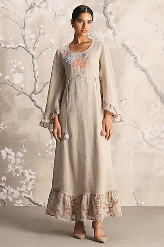 Natural-Colored Linen Blend Hand Embroidered & Screen Printed Dress by Kaveri
