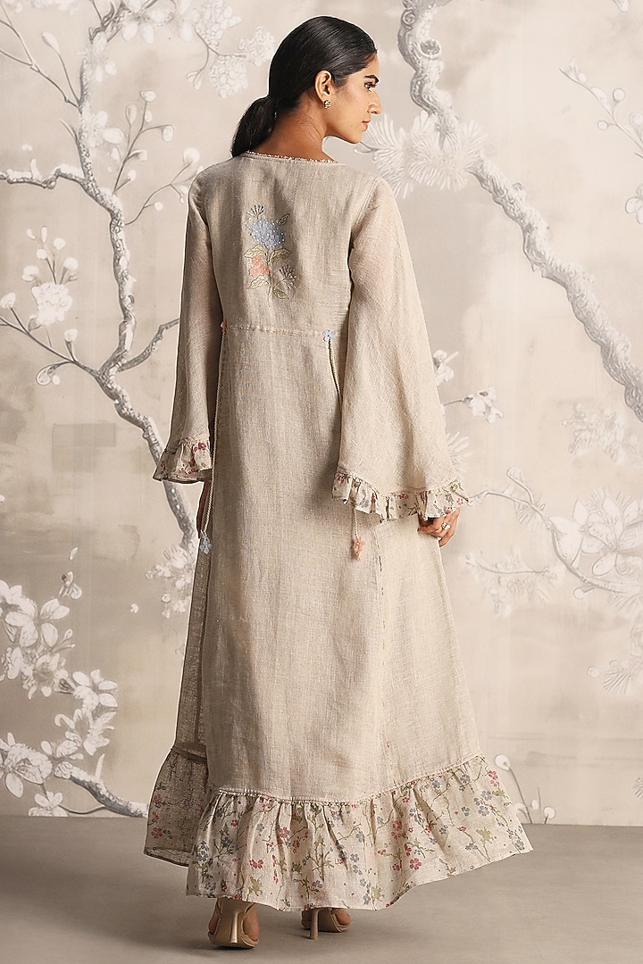 Natural-Colored Linen Blend Hand Embroidered & Screen Printed Vacation Dress by Kaveri at Pernia's Pop Up Shop