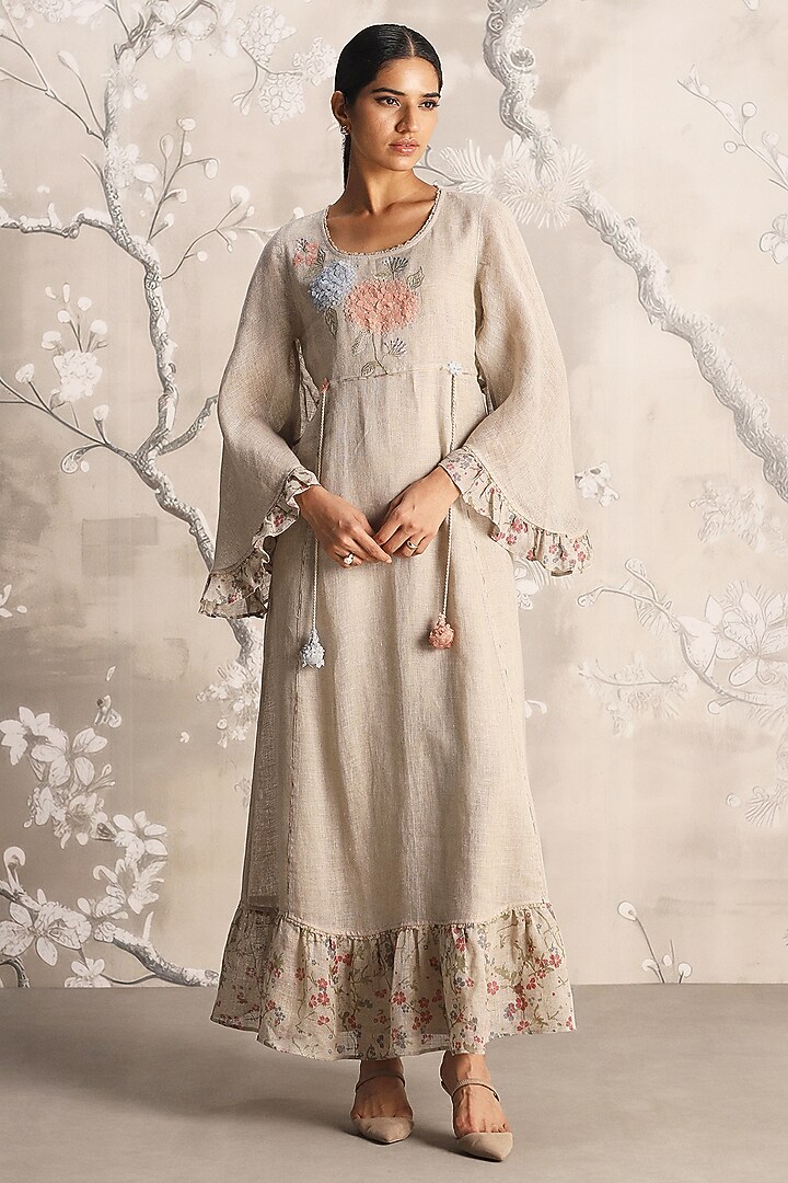Natural-Colored Linen Blend Hand Embroidered & Screen Printed Vacation Dress by Kaveri at Pernia's Pop Up Shop