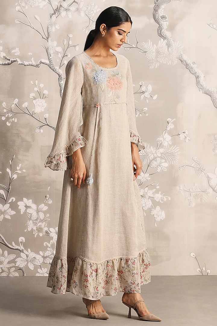 Natural-Colored Linen Blend Hand Embroidered & Screen Printed Vacation Dress by Kaveri at Pernia's Pop Up Shop