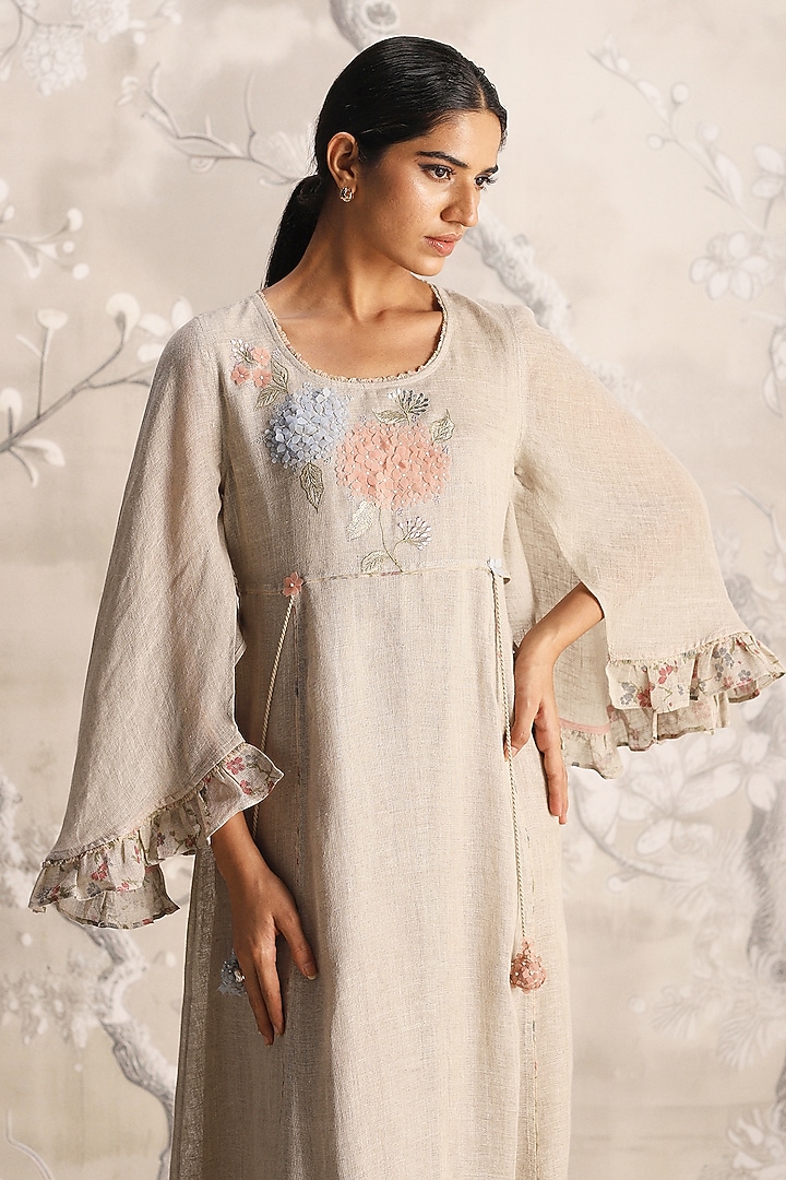 Natural-Colored Linen Blend Hand Embroidered & Screen Printed Vacation Dress by Kaveri at Pernia's Pop Up Shop