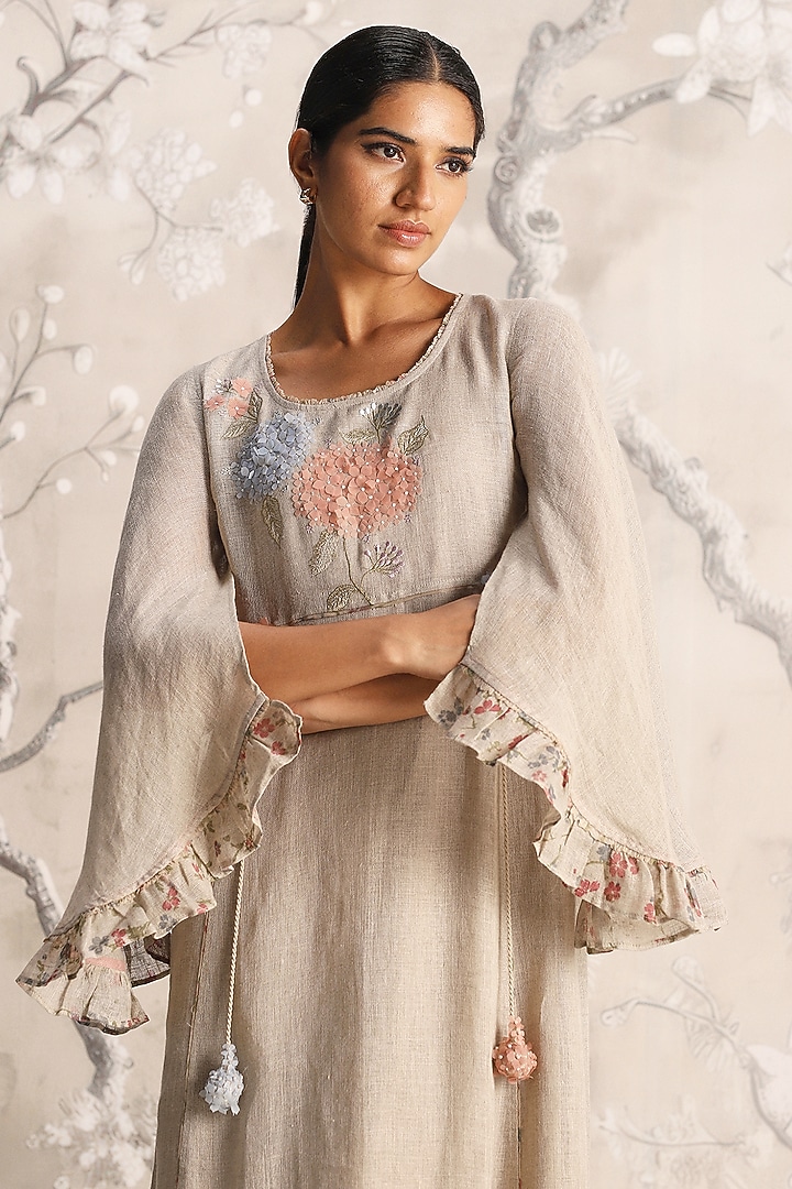 Natural-Colored Linen Blend Hand Embroidered & Screen Printed Vacation Dress by Kaveri at Pernia's Pop Up Shop
