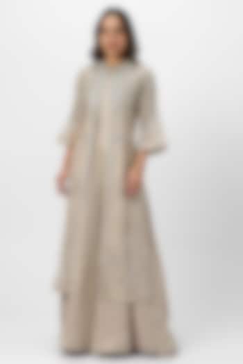 Natural-Colored Linen Blend Hand Embroidered & Screen Printed Cocktail Dress by Kaveri at Pernia's Pop Up Shop