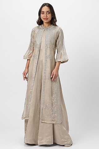 Natural-Colored Linen Blend Hand Embroidered & Screen Printed Dress by Kaveri