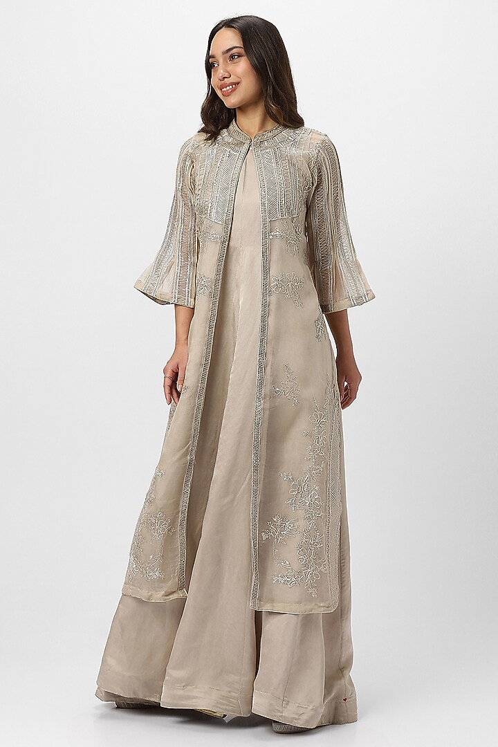 Natural-Colored Linen Blend Hand Embroidered & Screen Printed Cocktail Dress by Kaveri at Pernia's Pop Up Shop