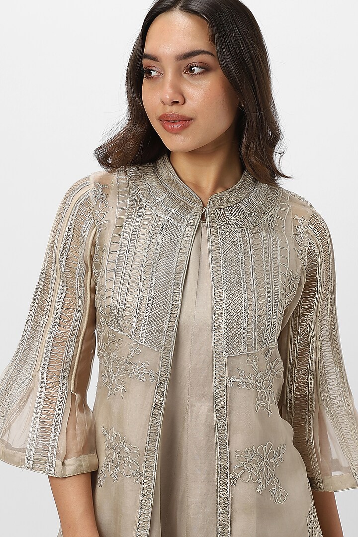 Natural-Colored Linen Blend Hand Embroidered & Screen Printed Cocktail Dress by Kaveri at Pernia's Pop Up Shop