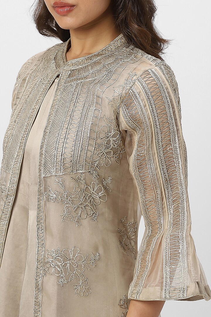 Natural-Colored Linen Blend Hand Embroidered & Screen Printed Cocktail Dress by Kaveri at Pernia's Pop Up Shop