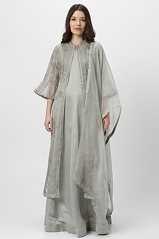 Fern Linen Blend & Silk Organza Embroidered Dress by Kaveri
