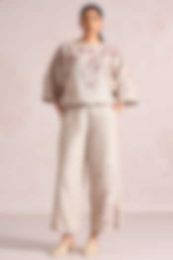 Natural Beige Linen Blend Floral Printed Co-Ord Set by Kaveri at Pernia's Pop Up Shop