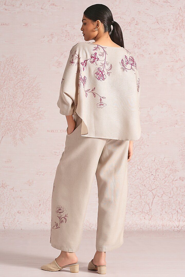 Natural Beige Linen Blend Floral Printed Co-Ord Set by Kaveri at Pernia's Pop Up Shop