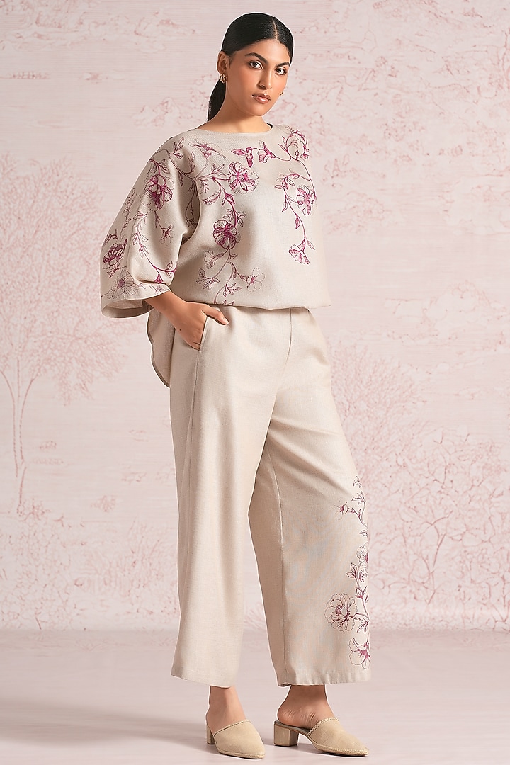Natural Beige Linen Blend Floral Printed Co-Ord Set by Kaveri at Pernia's Pop Up Shop
