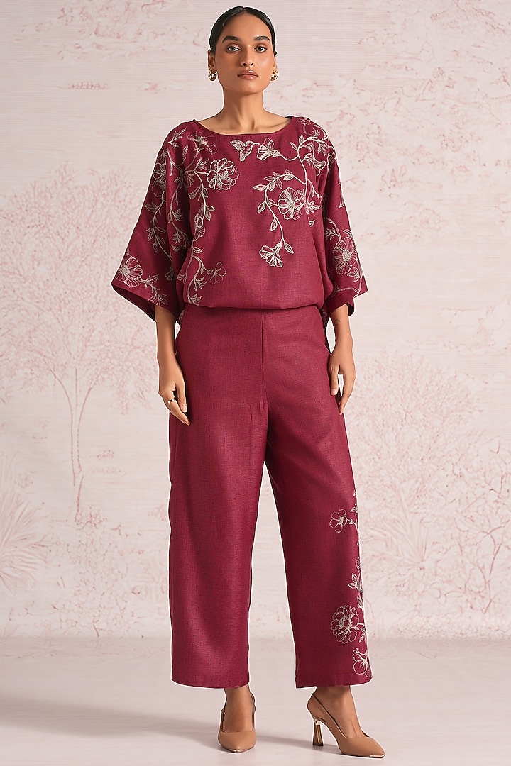 Merlot Linen Blend Floral Printed Co-Ord Set by Kaveri at Pernia's Pop Up Shop