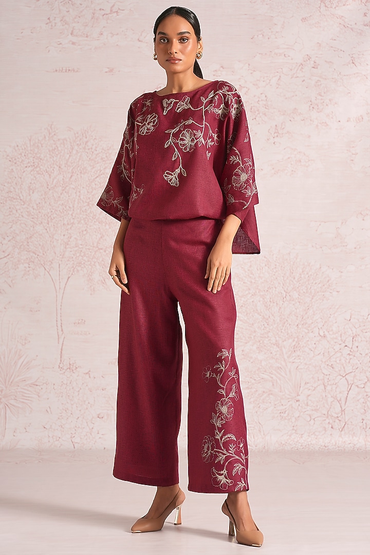 Merlot Linen Blend Floral Printed Co-Ord Set by Kaveri at Pernia's Pop Up Shop