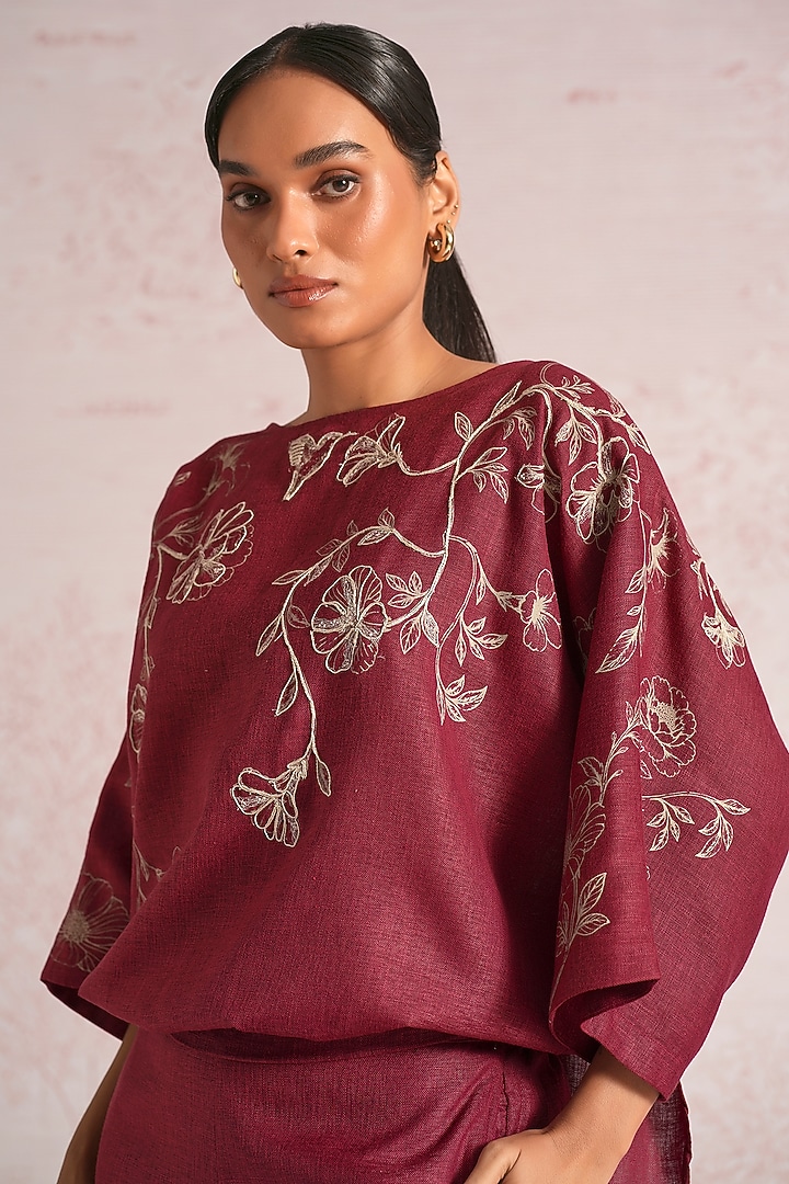 Merlot Linen Blend Floral Printed Co-Ord Set by Kaveri at Pernia's Pop Up Shop